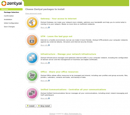 L'interface d'installation des modules zentyal