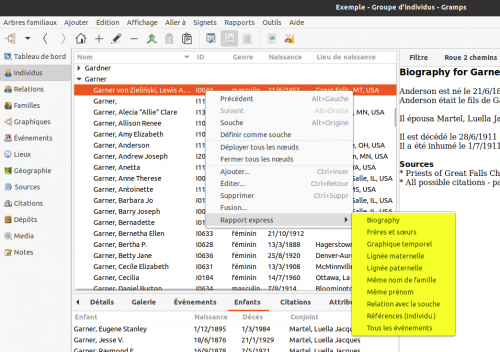 Menu contextuel d'accès aux rapport express dans la vue individus