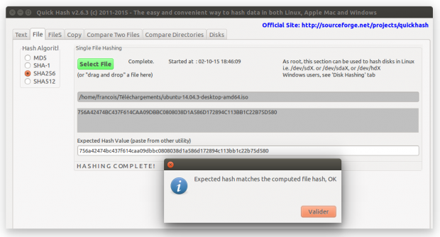 Quickhash onglet "file"