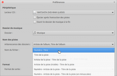 Choix du format des noms de morceaux