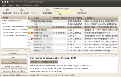 Synaptic, un gestionnaire de paquets logiciels. Un gestionnaire de paquets est nécessaire pour manipuler des paquets logiciels.