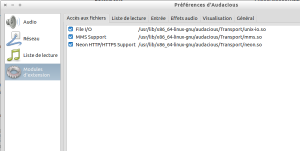 Menu préférences > Modules d'extensions de Audacious