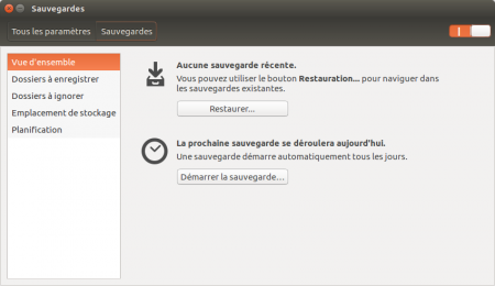 La vue d'ensemble propose un récapitulatif des paramètres de sauvegarde actuels.