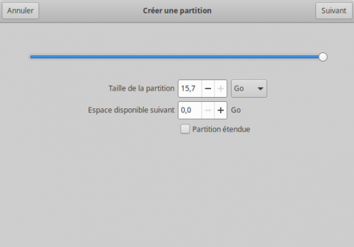 Écran 1 de la création d'une partition dans gnome-disks