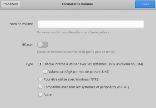 Écran 1 de la création d'une partition dans gnome-disks