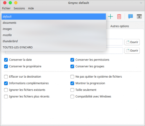 Grsync 1.2.6 : Choix session à lancer