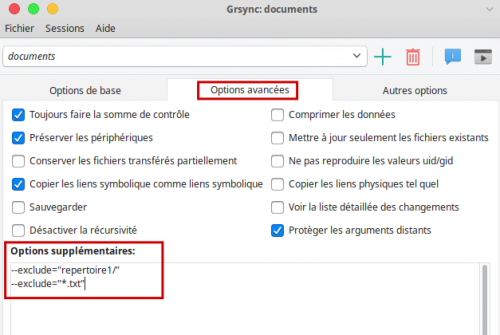 Grsync 1.2.6 : Exclusions d'un répertoire et des fichiers .txt