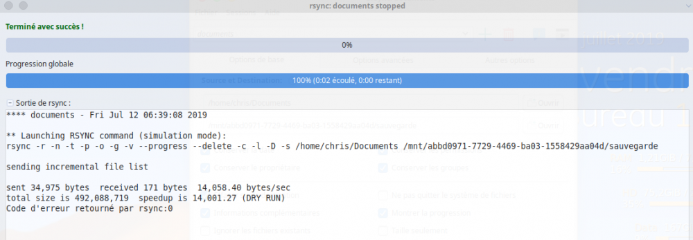 Grsync 1.2.6 : Affichage du résultat de la simulation et de la commande rsync.