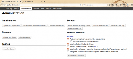 copie d'écran de l'interface web de CUPS 2.1