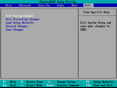 Menu de sortie de l'interface de configuration du BIOS PhoenixBIOS. Pour confirmer vos modifications, vous devez choisir "Exit Saving Changes".