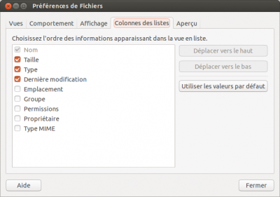 Préférences : Colonnes des listes