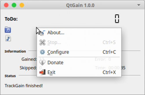 Menu de configuration de QtGain