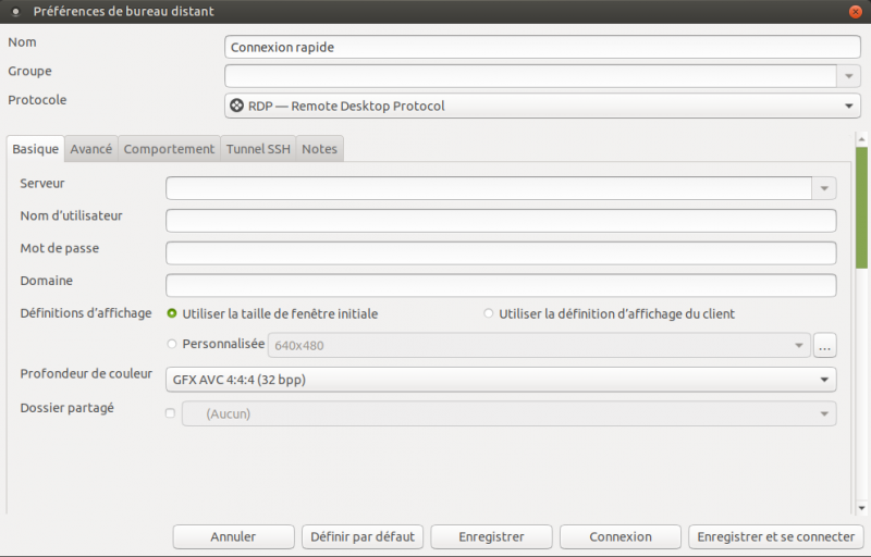 Interface de configuration des propriétés pour le protocole VNC. Remmina prend en charge les protocoles RDP (jusqu'à la version 5), VNC, SSH et SFTP.