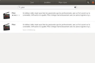 Exemple avec l'application Pitivi. La version au format Flatpak se reconnaît grâce à l'URL de flathub.org écrite sous la description du logiciel.