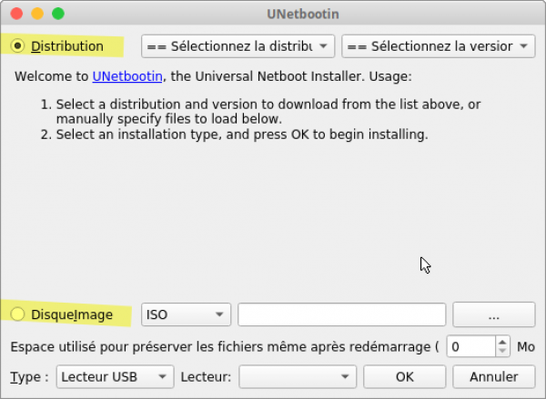 Ecran de démarrage Unetbootin