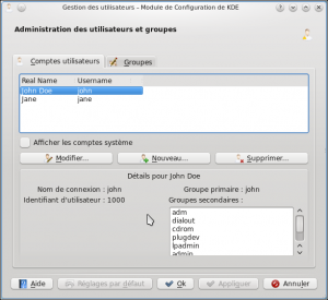 Interface principale : liste des comptes d'utilisateurs