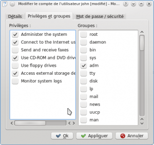 Onglet "Privilèges et groupes"