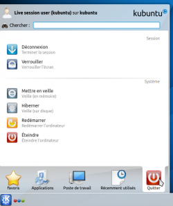 Dans le menu "Démarrer" de KDE, on va sur l'onglet "Quitter"